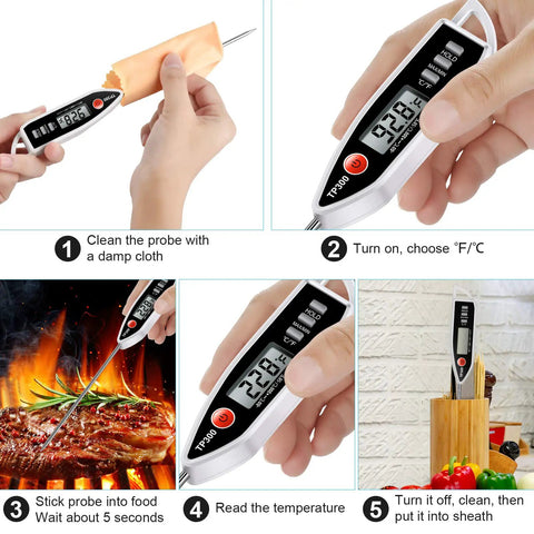 Sequence showing use of Meat Thermometer Digital Instant Read Thermometer For BBQ Grill Oil Milk Candy Bath Water Deep Fry Candle