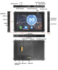 Job Site Beast Ten Inch 5G Android Industrial Rugged Tablet With 8GB Ram And 256GB Storage IP65 Waterproof Mil Std Certified No Sweat Weather Survival For Field Work, showcasing ports and buttons.