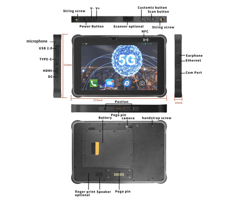 Job Site Beast Ten Inch 5G Android Industrial Rugged Tablet With 8GB Ram And 256GB Storage IP65 Waterproof Mil Std Certified No Sweat Weather Survival For Field Work, showcasing ports and buttons.