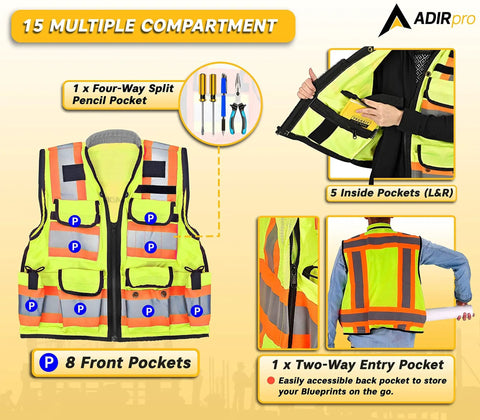 Straight Up Durable High Visibility Class Two Safety Vest With Blazing Reflective Tape And Secure Zippered Pockets For Construction Crews And Surveyors In Fluorescent Yellow For Heavy Duty Job Site Work with multiple compartments and pockets.