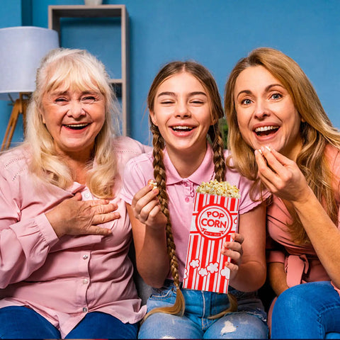 Three happy family members enjoying popcorn in red-striped Heavy Duty Paper Popcorn Bags 1 Oz Individual Servings at home