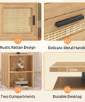 Rustic Rattan Design and Durable Desktop of 60 Inch Electric Standing Desk With Solid Oak Surface And Rustic Rattan Frame For Home Office.