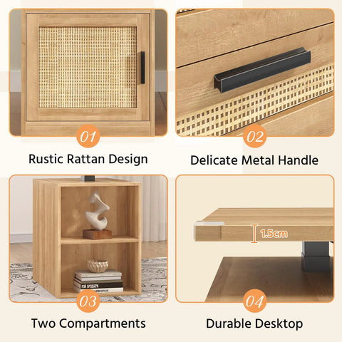 Rustic Rattan Design and Durable Desktop of 60 Inch Electric Standing Desk With Solid Oak Surface And Rustic Rattan Frame For Home Office.