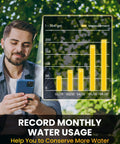 Man using phone with Smart WiFi Hose Timer For Garden Watering With Alexa Voice Control And Mobile App Hands Free Remote Scheduling And Manual Override Drip Irrigation Controller System With WiFi Hub, displaying water usage chart.