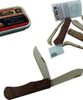 Trapper Wooden Pocket Knife Making Kit For Beginners with maple blades, walnut handle, and instruction manual.