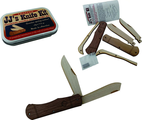 Trapper Wooden Pocket Knife Making Kit For Beginners with maple blades, walnut handle, and instruction manual.