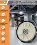 Heavy Duty Led High Bay Lights With Motion Sensor 8 Pack Adjustable Wattage Plug And Play Design Zero Ten V Dimming Smart Hue Tuning Knockout Brightness For Warehouses close-up view of UFO high bay light fixture in industrial setting