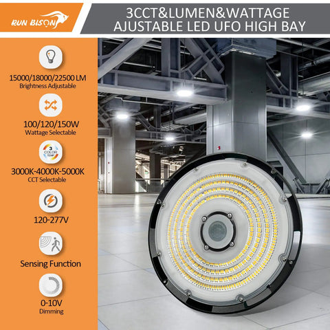 Heavy Duty Led High Bay Lights With Motion Sensor 8 Pack Adjustable Wattage Plug And Play Design Zero Ten V Dimming Smart Hue Tuning Knockout Brightness For Warehouses close-up view of UFO high bay light fixture in industrial setting
