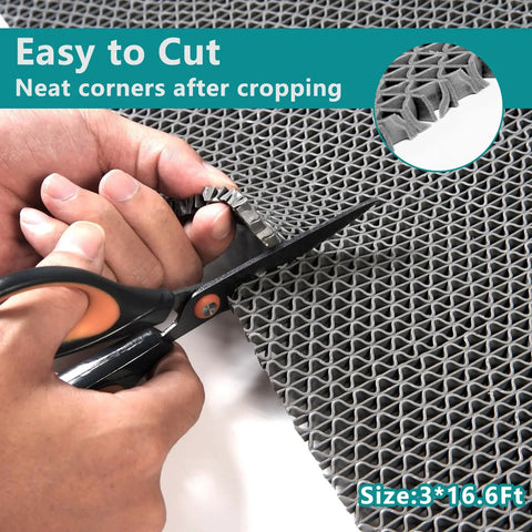Person cutting Grippy Non Slip Drainage Mats PVC Pool Floor Mat 0.23 Inch Thick Outdoor Indoor Parking Space Mat with scissors