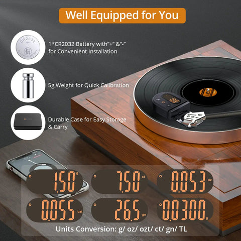Upgraded Digital Turntable Stylus Force Scale Gauge For Precise Cartridge Tracking And Pro Grade Vinyl Sound Quality Essential Tool To Protect Records And Your Turntable Investment with CR2032 battery, 5g weight, and case