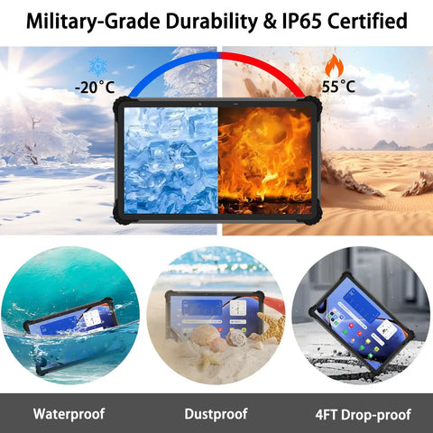 Rock Solid Heavy Duty Rugged Tablet Features 13.3 Inch Android 15 Screen showcasing military-grade durability and IP65 certification.