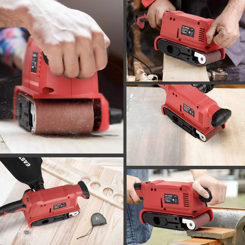 Beast 7 Amp Belt Sander with Six Variable Speed Settings, 3x18 inch belt, shown sanding wood surfaces at various angles.