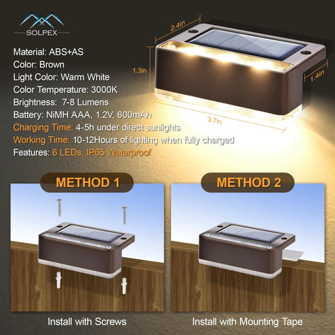 Six LED Solar Fence Lights Outdoor Waterproof Path Lighting For Decks Stairs Porch Balcony Walkways Garden And Yard IP65 16 Pack Warm White No Wiring, Easy Install, Super Bright Solar Powered with dimensions and mounting methods shown.
