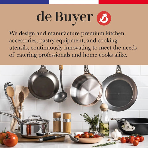 Kitchen utensils and cookware displayed with a de Buyer sign.