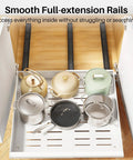 Make Kitchen Storage A Cinch With This Expandable Pull Out Organizer Featuring Full Extension Roll Out Slides And Raised Pads For Framed Units Organize Pots Slick And No Sweat, showcasing smooth rails and organized pots and pans.