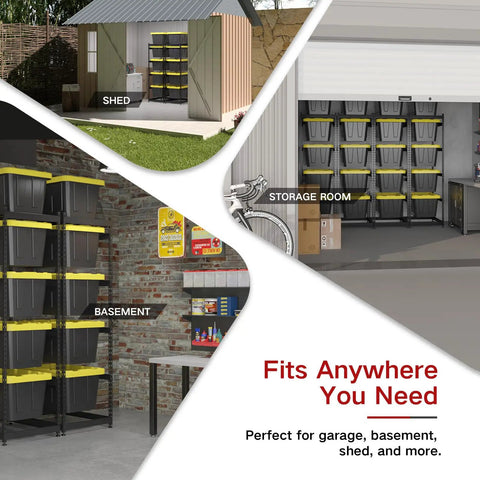 Heavy Duty 5 Tier 27 Gallon Tote Storage Rack Organizer For Garage And Warehouse, Adjustable Cradles And Rail Extensions, 250 Lb Capacity, Space Saving Bin Shelves, Totes Not Included, shown in shed and garage