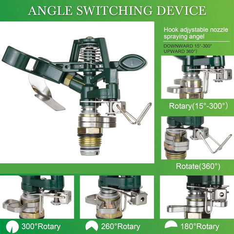 Close-up of metal base impact sprinkler with angle switching device, part of Two Pack Spike Sprinklers For Yard With Metal Base Heavy Duty Impact Sprinkler Adjustable Zinc Alloy Water Sprinkler For 360 Degree Coverage Large Area Lawn Garden Irrigation Easy Setup Pro Grade And Durable Outdoor Sprinkler System.