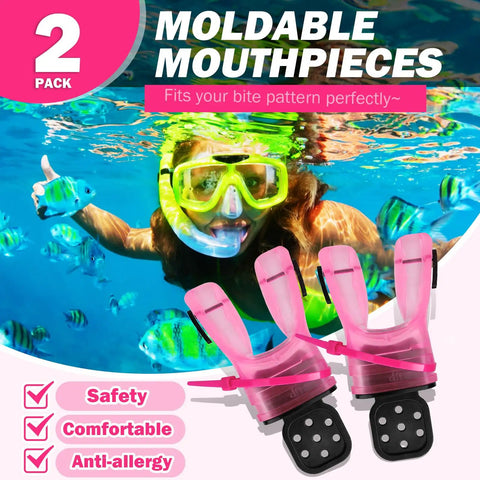 Scuba diver with fish and Two Pack Moldable Silicone Regulator Mouthpieces For Scuba Diving, Comfortable Bite Adjustable Fit, Transparent Pink