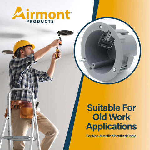 4 Inch Old Work Round Electrical Box One Gang Grey PVC Junction Box With Built In Mounting Tabs Three Mounting Wings And Two Hour Fire Rated Walls Great For Ceiling Remodel And Secure Wire Connections image of installation on ceiling by worker