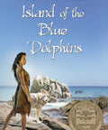 Island of the Blue Dolphins book cover, front view; Amazon edition, girl with a wolf on rocky shore, blue sky