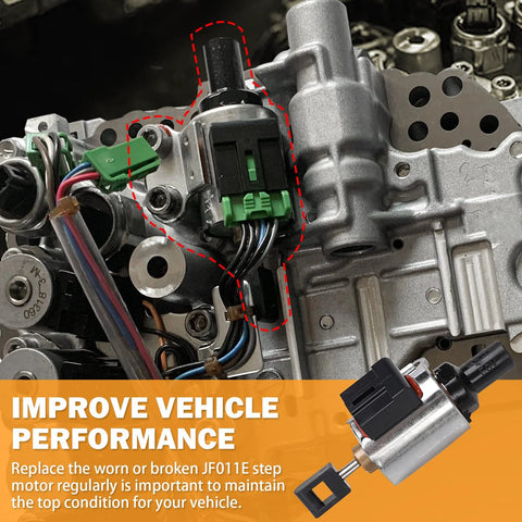 CVT stepper motor with black housing and green connector mounted to metal transmission housing; wiring harness visible
