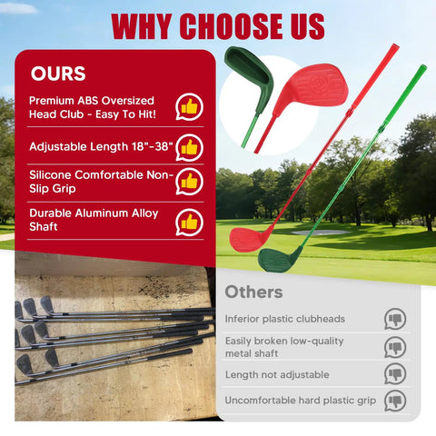 Comparison of two pack backyard golf clubs with telescopic aluminum shafts 18 to 38 inches, oversized forgiving heads, on a lawn.