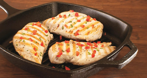 Square Cast Iron Grill Pan 10.5 Inches Preseasoned Square Skillet with ridged grill surface cooking chicken breast