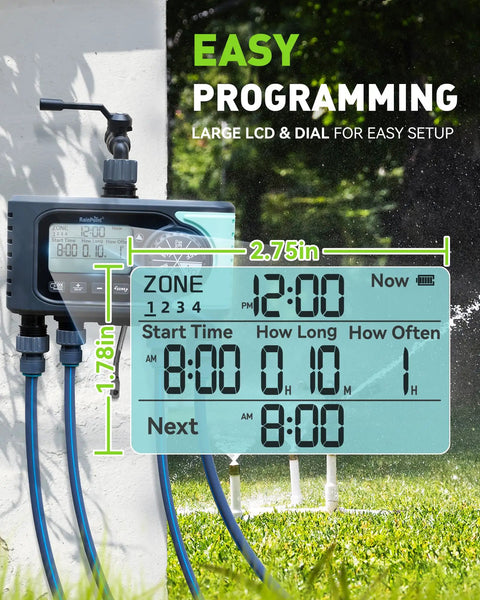 Four Zone Sprinkler Timer With Four Outlets For Automatic Lawn Watering, Rain Delay, Manual And Timed Irrigation indoors