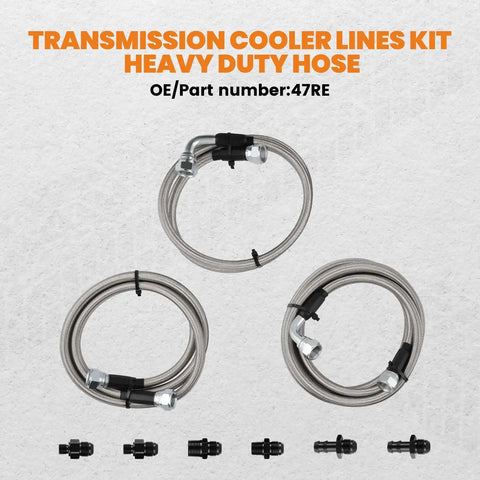 47RE Transmission Cooler Lines Kit For Dodge Ram 2500 3500 Cummins 5.9L 1996 To 2002 with fittings displayed