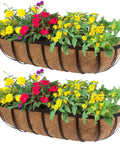 Rock Solid Metal Railing Planter Two Pack 24 Inch Rust Proof Window Box With Natural Coco Liner Quick Attach Hooks For Deck Balcony And Fence with flowers.