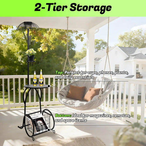 Must-Have Outdoor Solar Coffee Table With Light Black Iron 52.5 Inch Waterproof End Table For Living Rooms Or Patio Doubles As A Solar Floor Lamp And Plant Stand For Backyard Poolside Decor showcasing 2-tier storage on patio with swing chair