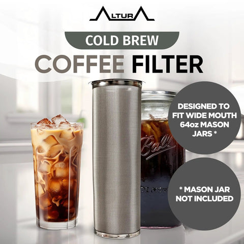 Go-To Wide Mouth Mason Jar Cold Brew Maker And Tea Infuser Stainless Steel Filter 64oz 2qt, shown with iced coffee.
