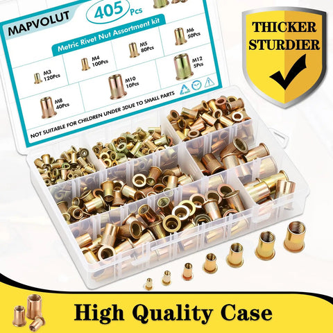 405 Piece Metric Rivet Nut Kit With M3 To M12 UNC Flat Head Nutserts For Metal Zinc Plated Carbon Steel Rivnuts In Durable Storage Case