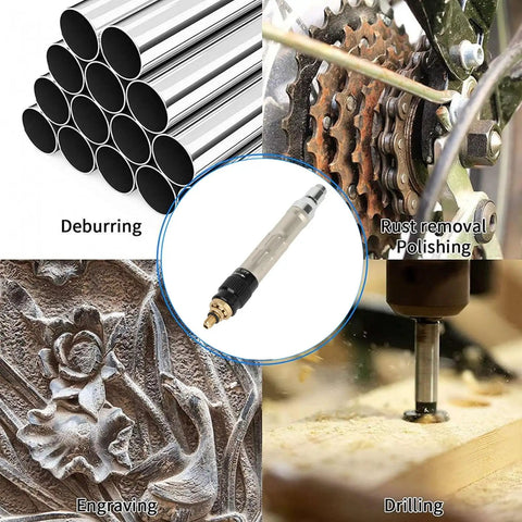 Kickin It To The Next Level With This Badass Pencil Die Grinder Air Tool Kit Featuring Tough Tungsten Alloy Gears And Rock Solid 70000 RPM Pneumatic Engraving Pen Performance in use for deburring, polishing, engraving, and drilling.