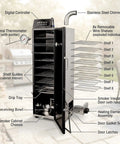 Smooth Operator Vertical Electric Smoker 1600W with eight chrome racks and digital controls, showing interior features and shelves.