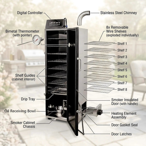 Smooth Operator Vertical Electric Smoker 1600W with eight chrome racks and digital controls, showing interior features and shelves.