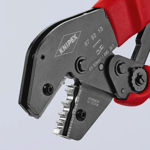 4-Position Crimping Pliers For Non-Insulated Terminals And Connectors, 0.5-10 MM2, AWG 20-7, red handle, close-up view.