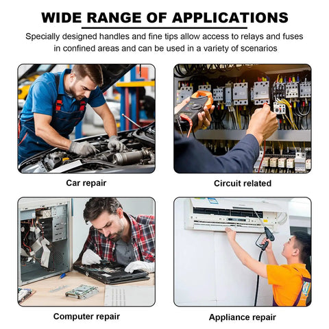 Various applications of 2-Piece Relay And Fuse Removal Tool Set including car repair, circuit work, computer and appliance repair.