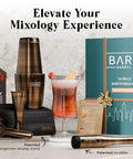 Mixology Bartender Kit Bar Set with 28oz Boston Shaker, brass and black finish, recipe cards, cocktail glass, and bamboo organizer.