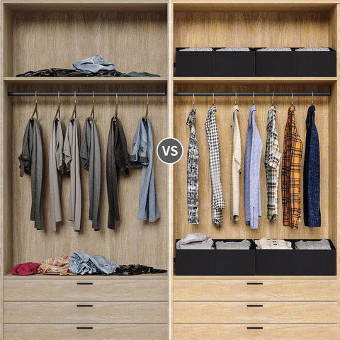 Before-and-after closet organization with Trapezoid Folding Closet Storage Bins With Handles And Divider Set Of 4 Heavy Duty Baskets for clothes.
