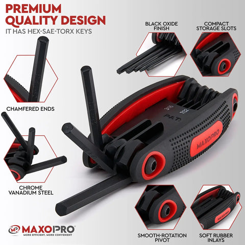 25 Piece Folding Allen Wrench Set With Metric And SAE Hex Keys And Torx, CRV Steel, Soft Rubberized Grip, Compact Design