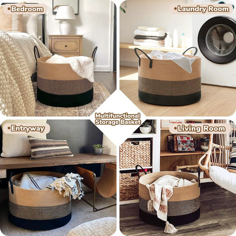XXXLarge Woven Rope Basket For Blankets And Pillows With Long Handles Oversized Cotton Rope Basket Laundry Hamper And Nursery