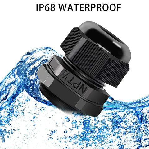 10 Pack NPT One Half Inch Cord Grip Glands IP68 Waterproof shown with water splash in background