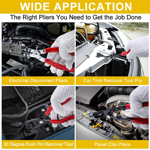 4 tools from 8-Piece Fuel Line Pliers Set With Hose Clamp Pliers, Electrical Disconnect, Push Pin Clip Remover, Panel Clip Pliers