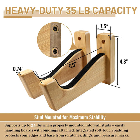 Universal Skateboard And Snowboard Wall Mount Bamboo Rack For Horizontal Storage Indoor And Outdoor, 35 lb capacity, sturdy design.