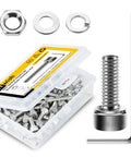Top Shelf 304 Stainless Steel M4 Socket Head Cap Screws Heavy Duty 10mm Hex Drive Bolts with nuts and washers in a kit.