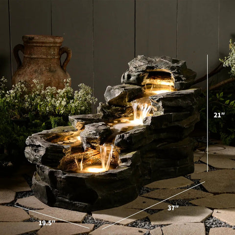 Epic 37 Inch Outdoor Floor Standing Five Tier Rock Waterfall Fountain With LED Lights For Patio Porch And Home Decor, garden setting