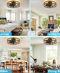 Smooth Operator Flush Mount Ceiling Fan with Remote and Six Speeds in Matte Black in bedroom, kitchen, living, and dining areas.