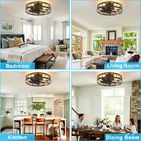 Smooth Operator Flush Mount Ceiling Fan with Remote and Six Speeds in Matte Black in bedroom, kitchen, living, and dining areas.