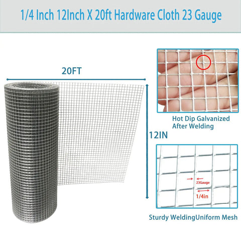 Heavy Duty Hardware Cloth Roll 12 Inch By 20 Foot 1/4 Inch Mesh 23 Gauge Welded Wire Fence Galvanized After Welding For Backyard Garden Fencing Chicken Wire Crafting And DIY Projects rolled mesh with 1/4in grid, 12in x 20ft